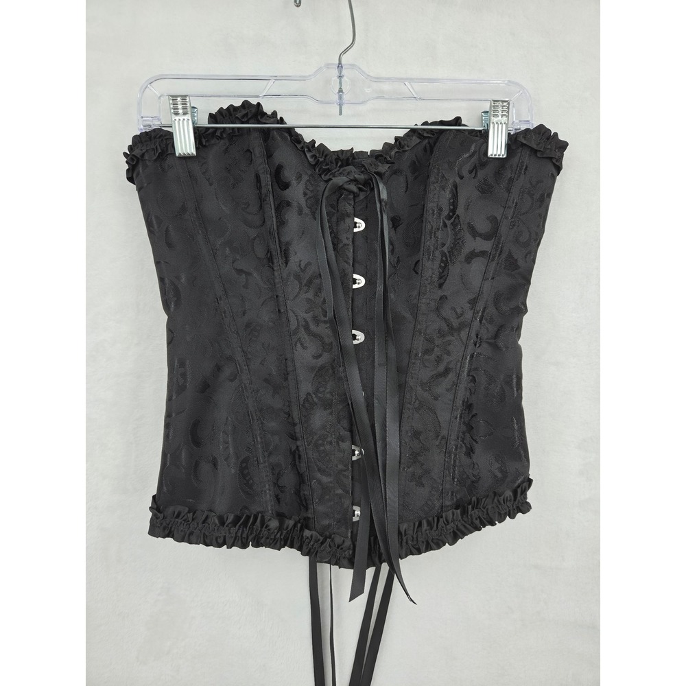Black Jacquard Floral Corset Top Lace Up Back Ruffle Trim S Halloween Costume